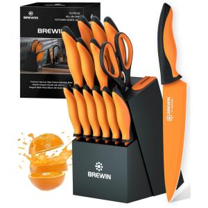 Conjunto de Facas com Bloco de Bancada, Afiador Embutido e Cabo Ergonômico, 15 Peças, Brewin, Laranja