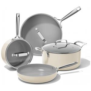 Conjunto de Panelas e Frigideiras Antiaderentes em Alumínio, 7 Peças, JEETEE, Branca