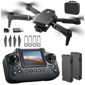 Drone E88 com Controlador de Tela, Cartão SD, Mini Drone Dobrável para Iniciantes, 2 Baterias, Voos com Voltas de 360 Graus, Elecci