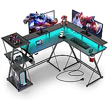 Mesa Gamer em Formato de L, 50.4" 128 cm com Ganchos para Fones de Ouvido, Luz LED, Porta-Copos e Suporte para Monitor, 110V, SEVEN WARRIOR