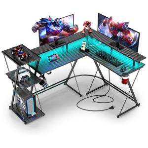 Mesa Gamer em Formato de L, 50.4" 128 cm com Ganchos para Fones de Ouvido, Luz LED, Porta-Copos e Suporte para Monitor, 110V, SEVEN WARRIOR