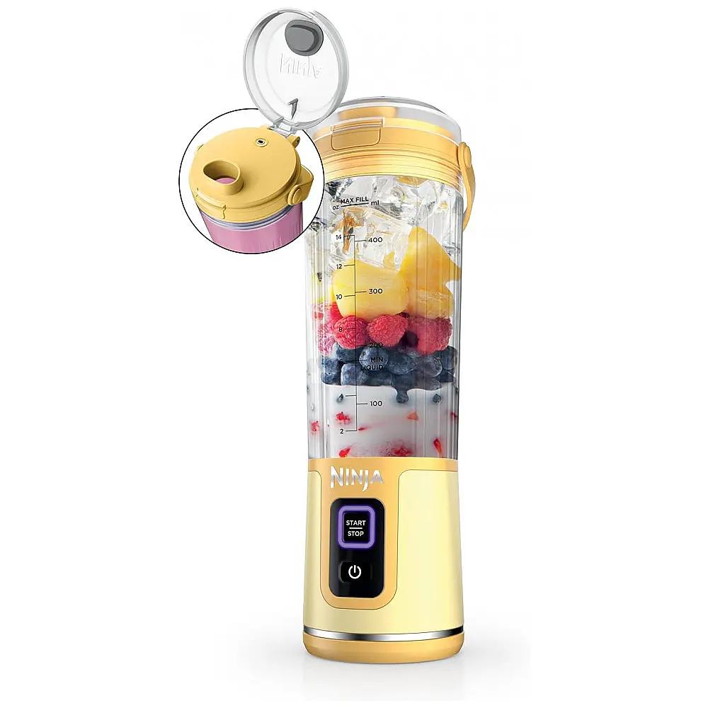 Liquidificador Portátil Ninja Blast, Sem Fio, Recipiente 530ml, Tampa Antivazamento com Bico, Amarelo, BC151LB, 7.4V (112 caracteres)