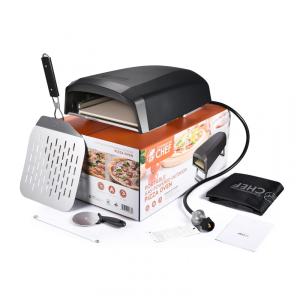 Forno de Pizza a Gás Portátil com Casca de Pizza, Pedra, Cortador e Bolsa para Transporte, Chef, Preto