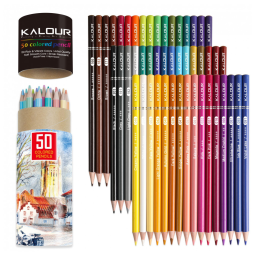 Lápis de Cor Premium KALOUR, Conjunto com 50 Cores, Núcleo Macio de Artistas com Cores Vibrantes, Ideal para Misturar, Mesclar e Sombrear