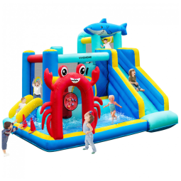 Parque Aquático Inflável VIVOHOME 7 em 1 para Crianças, Castelo Inflável com Escorregador 3,65x3,05m, Inflador e Basquete