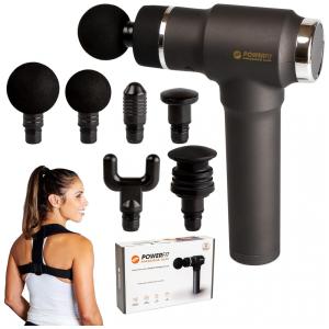 Muscle ador Pistola Elétrico Profissional Sem Fio 6 Acessórios e 20 Velocidades, POWERFIT MASSAGE GUN, Preto