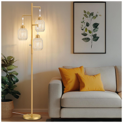 Luminária de chão boho regulável ROTTOGOON 3 luzes rattan dourada 1,73m com LED 2700K