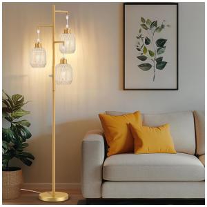 Luminária de chão boho regulável ROTTOGOON 3 luzes rattan dourada 1,73m com LED 2700K