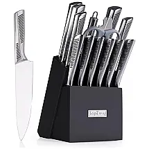 Conjunto de Facas LapEasy em Aço Inoxidável com Bloco de Bancada e Afiador Embutido, 15 Peças, Preto.