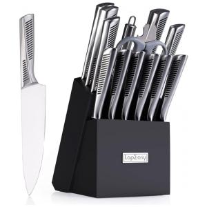 Conjunto de Facas LapEasy em Aço Inoxidável com Bloco de Bancada e Afiador Embutido, 15 Peças, Preto.