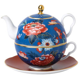 Bule de Chá 450mL com Material de Porcelana Fina, Design Opulento de Peônias Dramáticas e Detalhes Orientais, Wedgwood, Azul e Vermelho