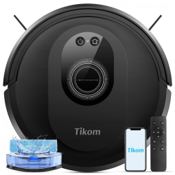 Robô Aspirador e Esfregão Tikom Preto 2 em 1, Sucção 5.000 Pa, Slim, Controle por App, Voz e Remoto – G8000 Max
