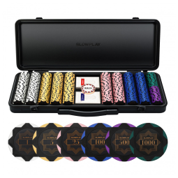 Maleta de Poker com Detalhes em Couro e 500 Fichas Numeradas para Texas Holdem 14g, SLOWPLAY, Preta