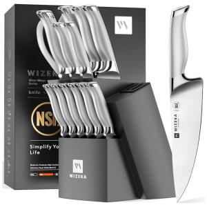 Conjunto de Facas WIZEKA em Aço Inoxidável Alemão com Bloco de Bancada Multinível, 15 Peças, Prata