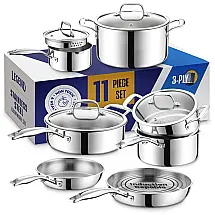 Jogo de Panelas e Frigideiras em Aço Inoxidável com 11 Peças, Tampas de Vidro e Utensílios de Cozinha, LEGEND COOKWARE, Prata