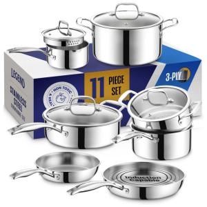 Jogo de Panelas e Frigideiras em Aço Inoxidável com 11 Peças, Tampas de Vidro e Utensílios de Cozinha, LEGEND COOKWARE, Prata