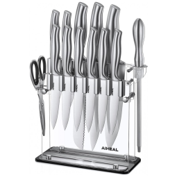 Conjunto de Facas Aiheal em Aço Inoxidável com Bloco de Bancada Multinível, 14 Peças, Prata