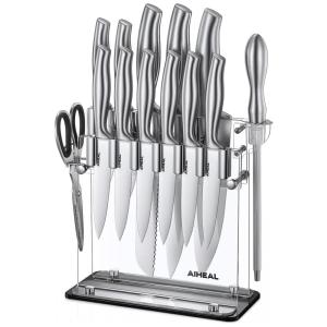 Conjunto de Facas Aiheal em Aço Inoxidável com Bloco de Bancada Multinível, 14 Peças, Prata