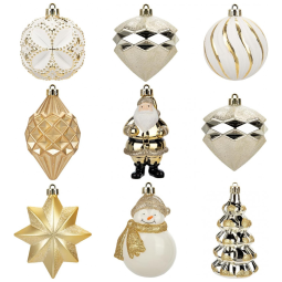 Conjunto de 9 Bolas de Natal Douradas para Árvore, com Temas Variados, Decorativas e Anti-quebra, Villa Como