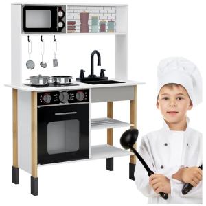 Cozinha Infantil em Madeira com Panelas, Colheres, Fogão, Pia, Geladeira e Prateleiras de Armazenamento para Crianças Acima de 3 Anos