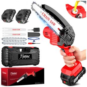 Mini Motosserra Elétrica Portátil Movida a Bateria 21V, 880W, Tietoc, Vermelha