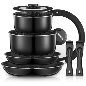 Jogo de Panelas e Frigideiras Antiaderentes, Material em Alumínio com 8 Peças e Cabo Removível, FOHERE, Preto