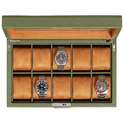 Caixa, Estojo de Couro com Trava e Visor de Vidro para Relógios com 10 Compartimentos, ROTHWELL, Verde e Marrom