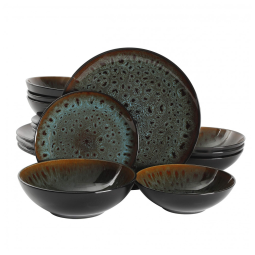 Aparelho de Jantar com 16 Peças em Cerâmica e Esmalte Reativo, Gibson Elite Kyoto, Azul Petróleo