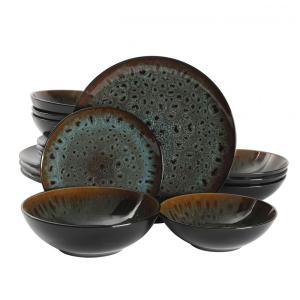 Aparelho de Jantar com 16 Peças em Cerâmica e Esmalte Reativo, Gibson Elite Kyoto, Azul Petróleo