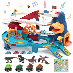 Pista de Corrida com 4 Mini Carros, 4 Carros Retráteis Dino e Dinossauros para Crianças Acima de 3 Anos, CUTE STONE, Colorida