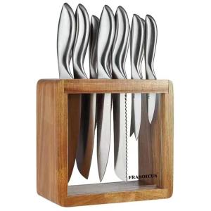 Conjunto de Facas em Aço Inoxidável com Bloco de Bancada, 13 Peças, FRASOICUS, Prata