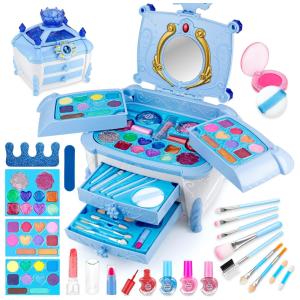 Kit de Maquiagem Infantil com 50 Peças e Caixa Estojo Portátil para Crianças de 3 a 12 Anos, Babbyo Princesa Casstle, Azul