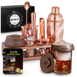 Kit Bartender Profissional 13 Peças em Aço Inoxidável com Suporte de Pinho e Defumador de Uísque, Homia, Ouro Rosa