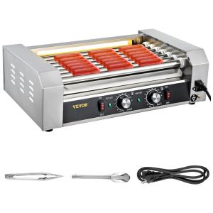 Máquina de Salsicha Profissional em Aço Inoxidável até 18 Unidades, 1050W, 110v, VEVOR Hot Dog Machine 7 Rollers, Prateado