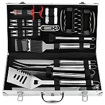 Kit Churrasco na Grelha 26 Peças de Aço Inoxidável, Termômetro e Injetor de Carne com Estojo de zenamento, POLIGO, Prateado