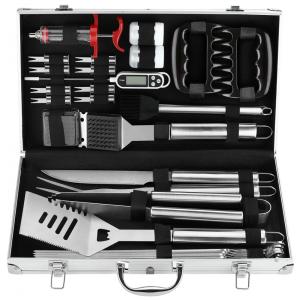 Kit Churrasco na Grelha 26 Peças de Aço Inoxidável, Termômetro e Injetor de Carne com Estojo de zenamento, POLIGO, Prateado
