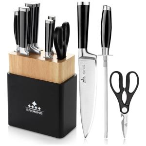 Conjunto de Facas com Afiador Embutido e Bloco de Bancada 8 Peças, ENOKING, Preto