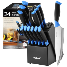 Conjunto de Facas McCook MC25P em Aço Inoxidável com Bloco de Bancada e Afiador Embutido, 15 Peças, Marrom