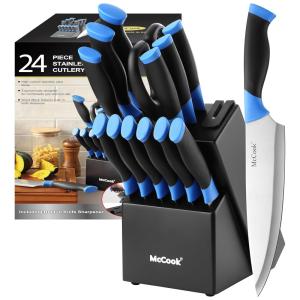 Conjunto de Facas McCook MC25P em Aço Inoxidável com Bloco de Bancada e Afiador Embutido, 15 Peças, Marrom