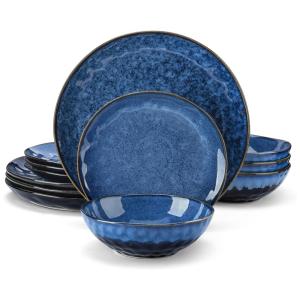 Aparelho de Jantar com 12 Peças Incluindo Pratos e Bowls de Cerâmica, Vancasso Starry, Azul