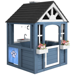 Casa Infantil para Quintal, em Cedro com Cozinha, Portinha para Pets, Pia, Fogão, Utensílios, Janelas, Suportes para Vasos,Jocoevol