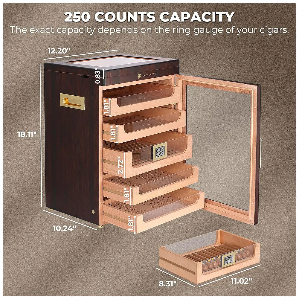 Humidor para Charutos GLENCREAG Marrom Avermelhado 250 Charutos Digital com Higrômetro — foto 3
