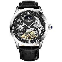 Relogio Stuhrling Homem, Masc.Automático Dual Time, AM, PM Lua e Sol Couro Pres.Fino