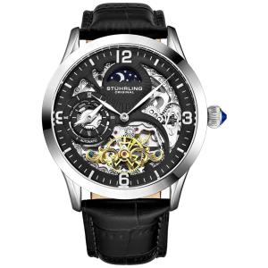 Relogio Stuhrling Homem, Masc.Automático Dual Time, AM, PM Lua e Sol Couro Pres.Fino