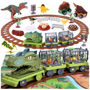 Trem de Dinossauros com Locomotiva Elétrica, Trilha, 3 Carros Retráteis, Ovos de Dinossauro e Tapete de Jogo para Crianças Acima de 3 Anos