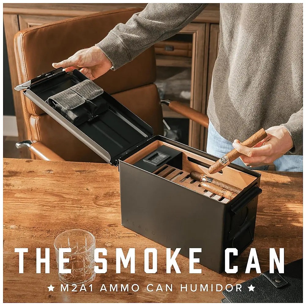 Humidor Case Elegance Smoke Can 50Cal Preto Militar Cedro Espanhol 30-40 Charutos — foto 2