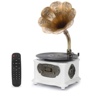 Vitrola Toca Discos 2 Velocidade, sem fio, com USB e Controle Remoto, cpm Alto Falante, 45 RPM, 110v, MEAGEAL, Branco