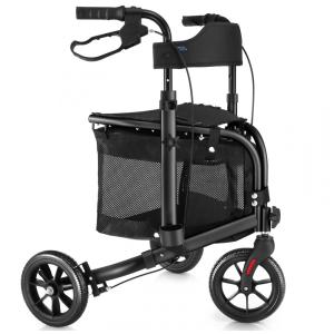 Andador Dobrável de 3 Rodas com Assento Acolchoado Ideal para Idosos, WALK MATE, Preta