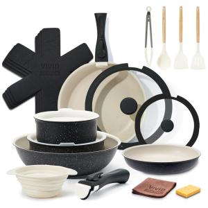 Jogo de Panelas e Frigideiras Antiaderentes, Material em Alumínio com 22 Peças, Cabo Removível e Utensílios de Cozinha, VIVIDCOOKWARE, Preto
