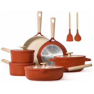 Jogo de Panelas e Frigideiras em Granito com Revestimento Antiaderente de Indução, 12 Peças, CAROTE, Vermelho